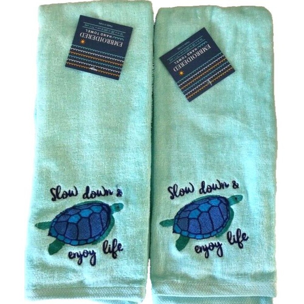 Sea Turtle Hand Towels Embroidered Bathroom Beach Summer Slow Down Blue Set of 2